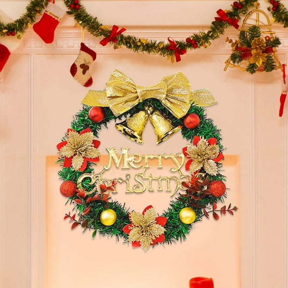 EWASWON Artificial Christmas Wreath 12 Inch - Xmas Wreath with Bow & Bells, Multicolor Front Door Window Decor, Indoor Outdoor Holiday Gift Wreath