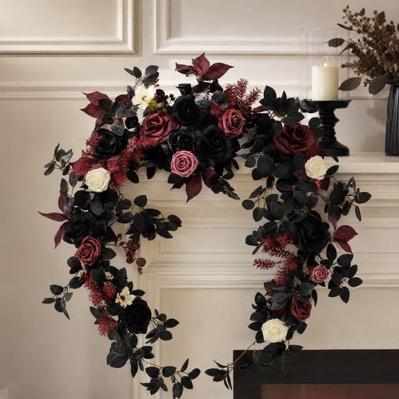 EWASWON Artificial Gothic Rose Garland 6ft Black & Burgundy Faux Silk Flowers for Halloween Fall Thanksgiving Christmas Mantel Fireplace Table Wall Home Decor