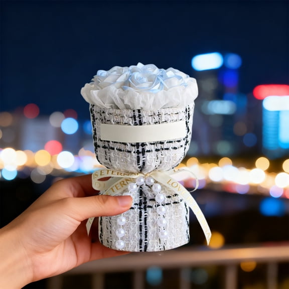 EWASWON Artificial Light Blue Rose Mini Bouquet - Lifelike with Woven Wrap & Pearl Ribbon, Valentine's/Birthday Gift, Desktop Decor