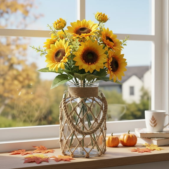 EWASWON Artificial Sunflower Bouquet Faux Flowers Fall Thanksgiving Centerpiece Yellow Rustic Autumn Home Decor for Dining Table Coffee Table Window Sill 13 Inch