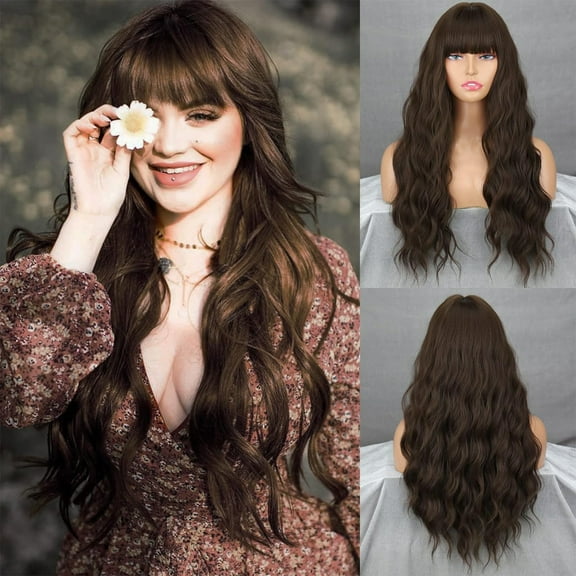 EWASWON Brown Wig with Highlight for Women Long Curly Wig With Bangs Wavy wig Natural Synthetic Hair for Daily Party Cosplay Wear