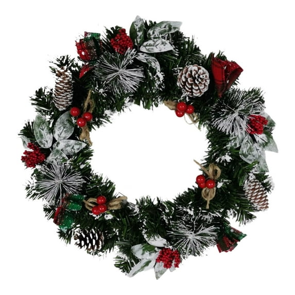 EWASWON Christmas 12 Inch Artificial Christmas Wreath, Handmade with Red Berries, Pinecones & Bow, Snowy Design for Door & Wall Hanging - Festive Holiday Decor