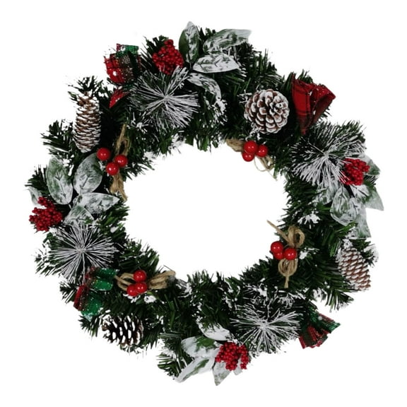 EWASWON Christmas 12 Inch Artificial Christmas Wreath, Handmade with Red Berries, Pinecones & Bow, Snowy Design for Door & Wall Hanging - Festive Holiday Decor