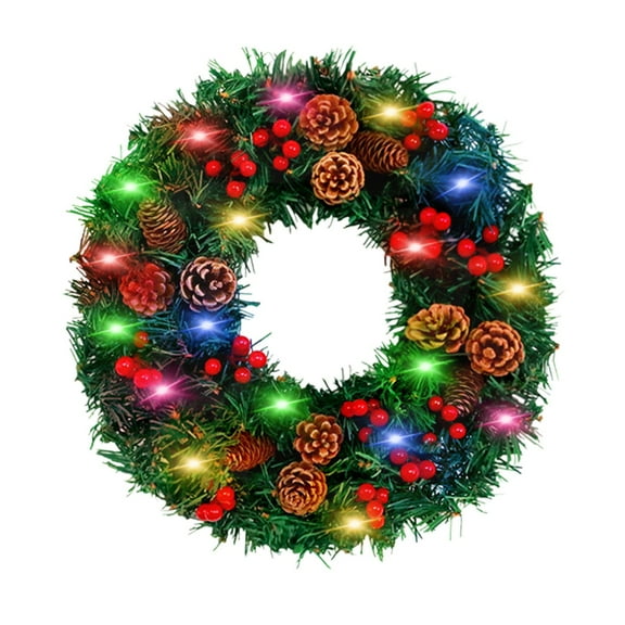 EWASWON Christmas 12 Inch Artificial Green Christmas Wreath with LED Lights - Front Door Holiday Decoration