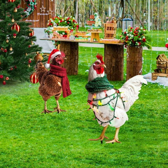 EWASWON Christmas 2 Pack Santa Hat Chicken Christmas Yard Stakes - Metal Outdoor Decor for Garden, Lawn & Porch, Holiday Christmas Decorations