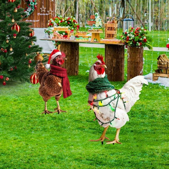 EWASWON Christmas 2 Pack Santa Hat Chicken Christmas Yard Stakes - Metal Outdoor Decor for Garden, Lawn & Porch, Holiday Christmas Decorations