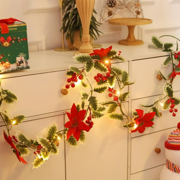 EWASWON Christmas 200cm Red Christmas Rattan LED String Lights, Battery Operated with Timer, PVC Garland Decor for Indoor Outdoor, Warm White Lights