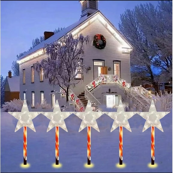 EWASWON Christmas 5-Pack Solar Christmas Ground Stake Lights, White Snowflake Star Yard Decorations, Warm White LED, Weatherproof, Easy Install Outdoor Holiday Lights