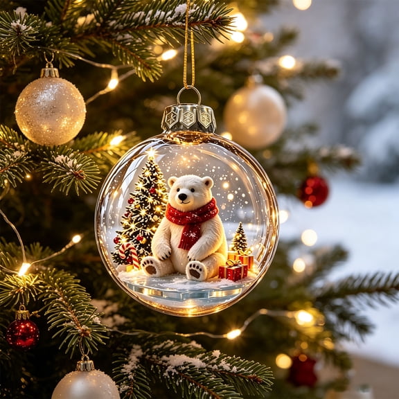 EWASWON Christmas Ball Ornament with Winter Scene Inside, Clear Acrylic Hanging Christmas Tree Decoration with LED Lights, Polar Bear Xmas Holiday Home Decor Gift, 3.1 Inch