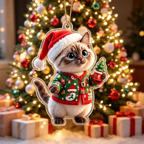 EWASWON Christmas Car Ornament, 2D Acrylic Cat Rearview Mirror Charm, Cute Xmas Hanging Decor for Car Interior & Christmas Tree, Stocking Stuffer Gift for Cat Lovers, 1 Pack