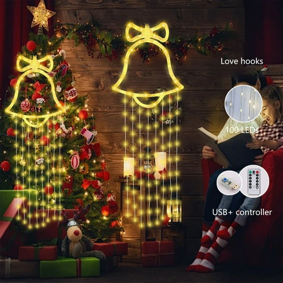 EWASWON Christmas Christmas Bells String Lights, USB Powered with Remote Control, White PVC Hanging Lights for Christmas Tree, Bedroom, Window Decorations