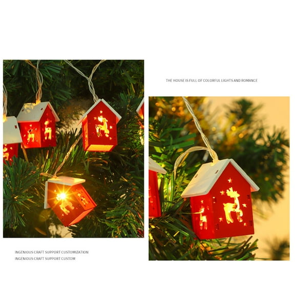 EWASWON Christmas Christmas String Lights, 6.6ft Wooden House LED Lights with Reindeer Patterns, Warm White, USB Powered, 10 Red Houses, Indoor Outdoor Xmas Decor