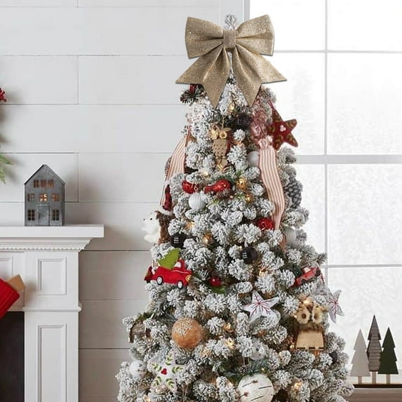 EWASWON Christmas Glitter Bows 2 Pack - Foam Sparkling Gold Glitter Khaki, Christmas Tree Gift Wrapping Holiday Party Decorations