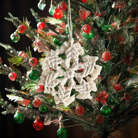 EWASWON Christmas Hand-Woven Ornament - White Snowflake & Five-Pointed Star Hanging Decor for Tree, Wall, Holiday Gifts