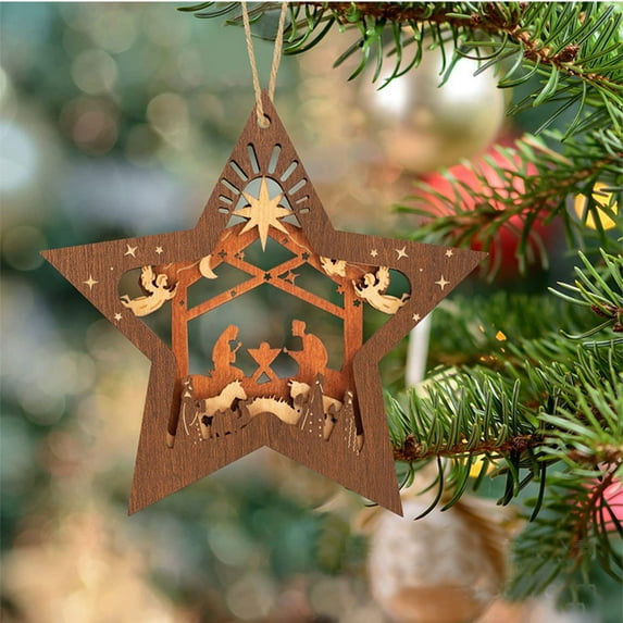 EWASWON Christmas Wooden Star Decor, Rustic Nativity Hanging Ornament for Front Door & Tree - Handmade Brown 4.7in Farmhouse Christmas Decoration