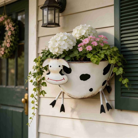 EWASWON Cow Wall Planter, Metal Farmhouse Rustic Wall Mounted Hanging Flower Pot for Succulents & Herbs, Indoor Outdoor Decor