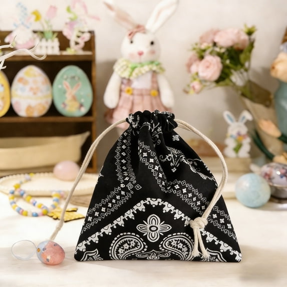 EWASWON Drawstring Pouch, Easter Candy Bags - Dustproof Small Gift Bags 5.5x6.3 Inch for Party Favors, Jewelry & Small Items Storage, Black Polyester Bag