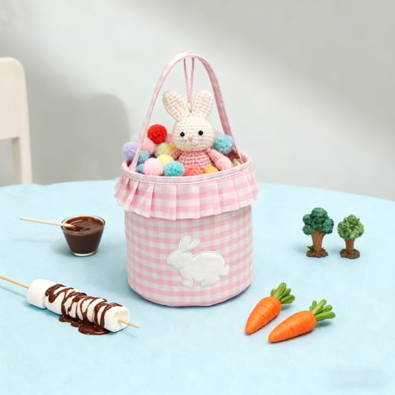 EWASWON Easter Basket Bag - Blue White Gingham Storage Tote with 3D Bunny & Ruffled Edge for Easter Egg Hunt Decor, Ki-ds Toy Organization, Spring Home Decor