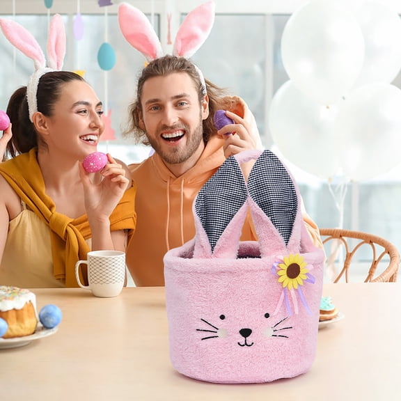 EWASWON Easter Basket, Easter Gift Bag with Light Up Ears - Large Reusable Foldable Easter Egg Hunt Basket for Ki-ds, Easter Party Decorations & Easter Gifts