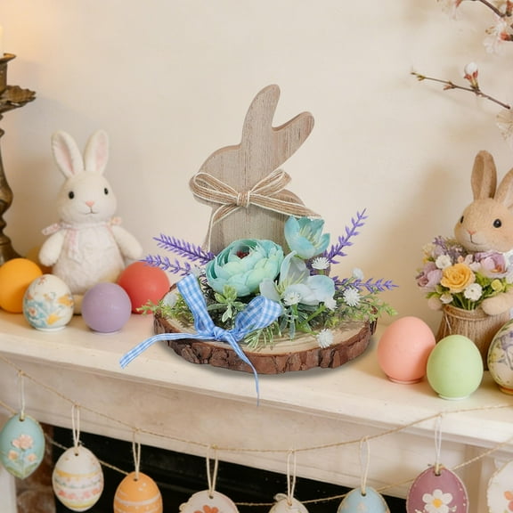 EWASWON Easter Bunny Decoration with Flowers, Wooden Rabbit Ornament Rustic Farmhouse Table Centerpiece for Spring Holiday, Blue Pastel Home Decor Gift