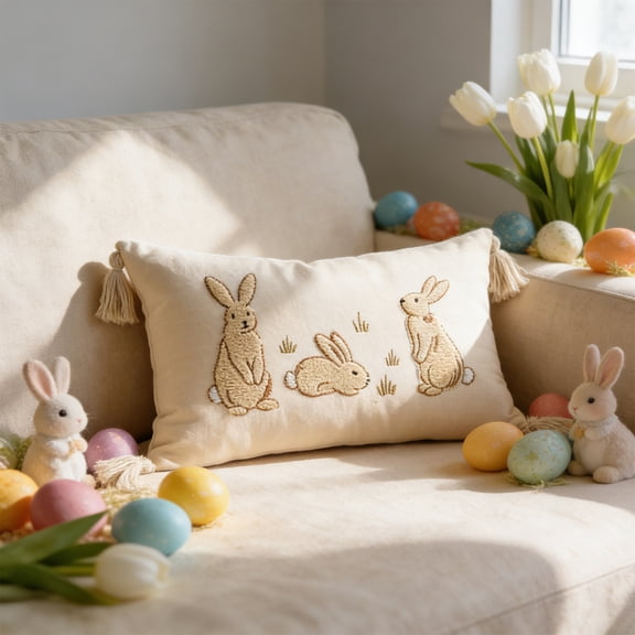 EWASWON Easter Bunny Throw Pillow Cover 18x18 Inch, Embroidered Spring Floral Couch Bedroom Decor, Beige Machine Washable Accent Pillow