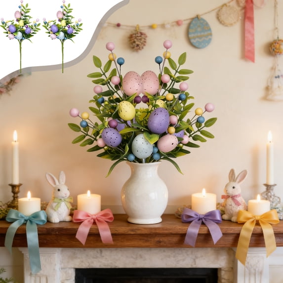 EWASWON Easter Decorations Easter Centerpiece Artificial Bouquet with Easter Eggs, Faux Greenery Berry Sprigs for Vase Filler, Easter Table Decor Set of 2
