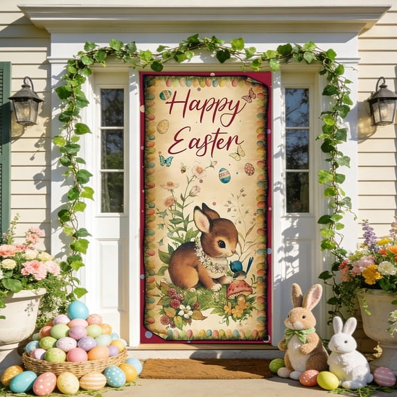EWASWON Easter Door Banner 35x71 Inch - Colorful Reusable Polyester Door Hanger & Wall Decor for Easter Party, Spring Front Door Decoration