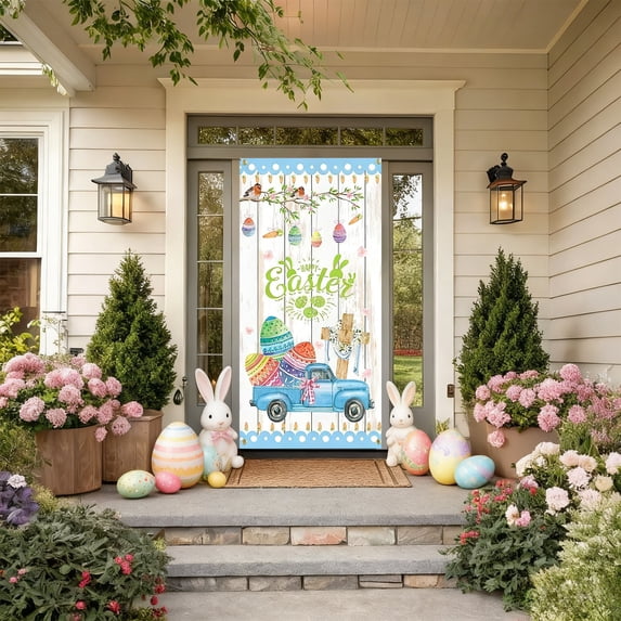 EWASWON Easter Door Curtain Colorful Bunnies Eggs Hanging Decor - Easy Hang Reusable Spring Door Cover for Home Party