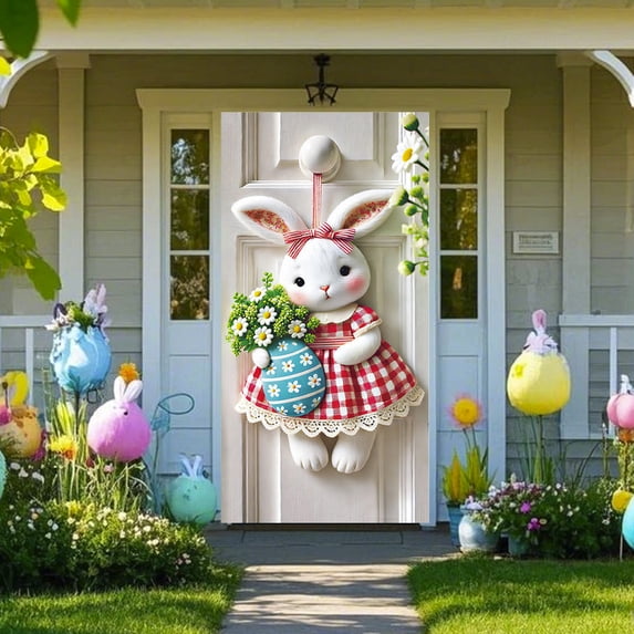 EWASWON Easter Door Decor, Vintage Floral Bunny with Eggs Fabric Door Cover, Pastel Blue Bow Reusable Spring Banner for Front Door Indoor Outdoor 70.86x35.43in