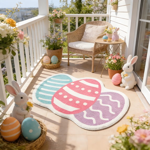 EWASWON Easter Egg Doormat for Front Door, Colorful Egg Shaped Non-Slip Welcome Mat Indoor Outdoor, 23x35 Inch Easter Porch Mat for Holiday Home Decor