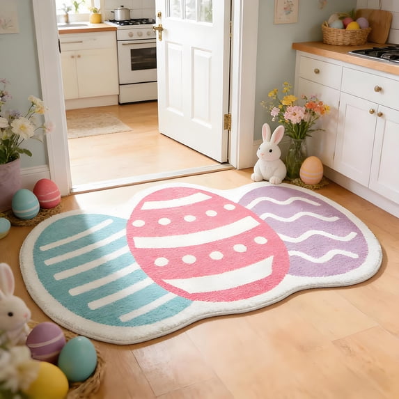 EWASWON Easter Egg Shaped Door Mat, Non-Slip Indoor Outdoor Welcome Rug, Colorful Polyester Floor Mat for Easter Home Decoration, Machine Washable