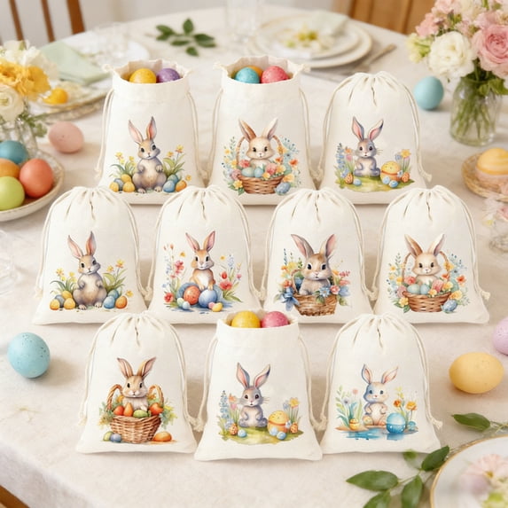 EWASWON Easter Gift Bags Small 12-Pack, Drawstring Bunny Ear Favor Bags, 4x5 Inch Muslin Fabric Treat Bags for Easter Candy, Party Favors, Weddings