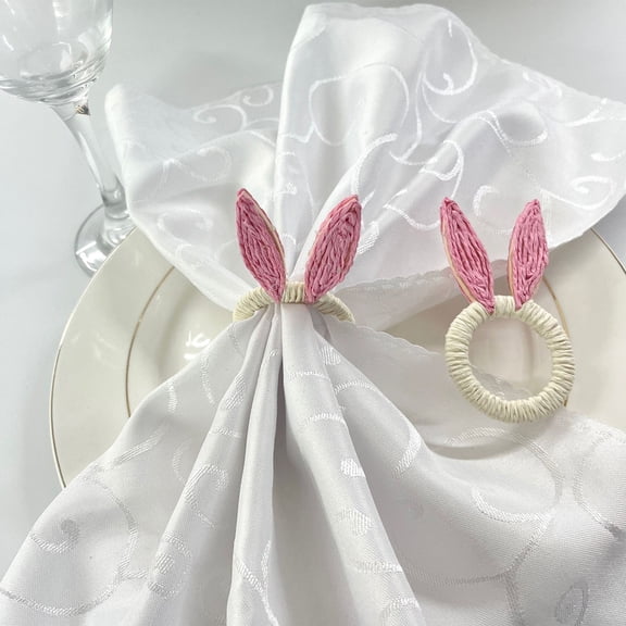 EWASWON Easter Napkin Rings Set of 2 Wooden Bunny Napkin Holder Woven Blush Pink Spring Table Decorations Easter Brunch Decor Handmade Reusable Home Kitchen Dining