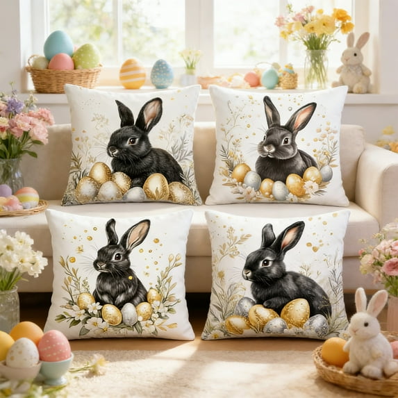 EWASWON Easter Pillow Covers Set of 4, 18x18 Inch Bunny and Easter Egg Patterns Throw Pillow Covers for Sofa Couch Spring Home Decor