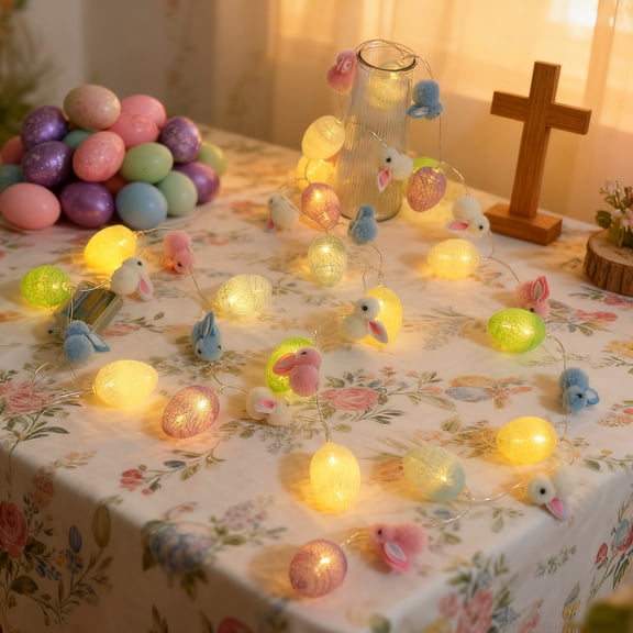 EWASWON Easter String Lights Battery Operated with Timer, 9.4ft 20 Pastel Bunnies Eggs Ornaments Fairy Lights for Spring Party Decor Indoor Outdoor