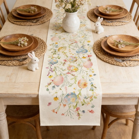 EWASWON Easter Table Runner, Spring Linen Table Runner with Watercolor Eggs & Bunny, Farmhouse Style Decorative Table Cover for Dining Table Buffet Easter Decor