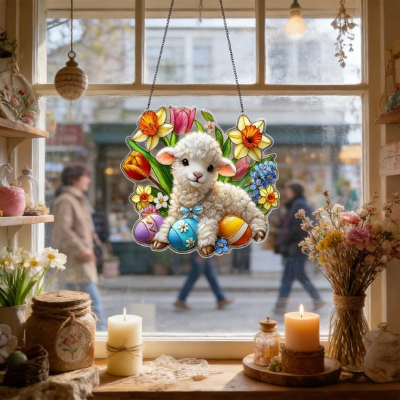 EWASWON Easter Wall Hanging Acrylic Spring Lamb Sign with Floral Easter Egg Patterns, Cute Door Window Garden Wall Decor, 8x8 Inch Home Holiday Decoration