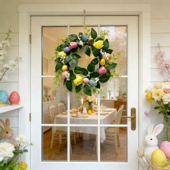 EWASWON Easter Wreath with Tulips, Roses & Egg Garland - Pastel Spring Door Wreath Decor, Artificial Flowers, Pre-Assembled for Front Door Indoor Outdoor (15.75 Inch)
