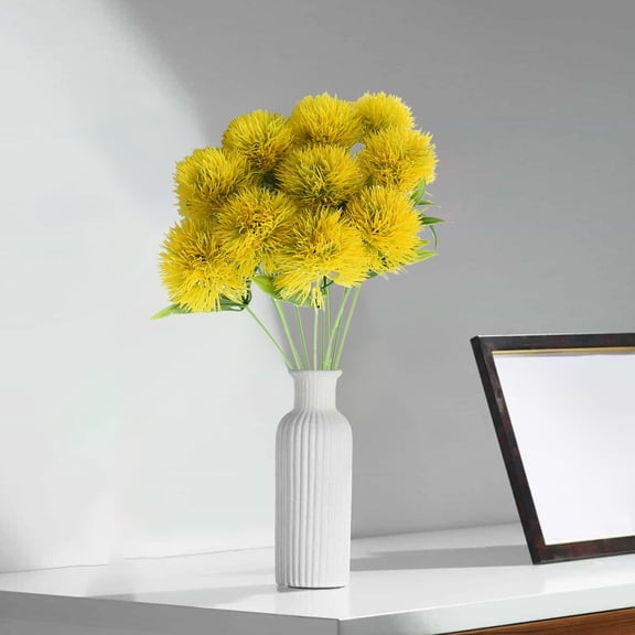 EWASWON Fake Dandelions Flocky Artificial Flowers 10pcs Realistic Yellow Faux Dandelion Stems Silky Greenery for Home Decor Vase Fillers Boho Table Centerpiece