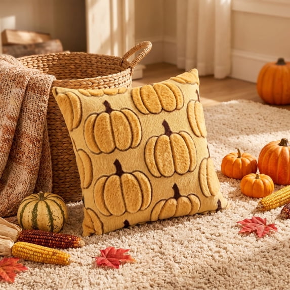EWASWON Fall Harvest Pumpkin Throw Pillow Covers 18x18 Yellow Corduroy Decorative for Sofa Couch Bedroom Thanksgiving Halloween Farmhouse