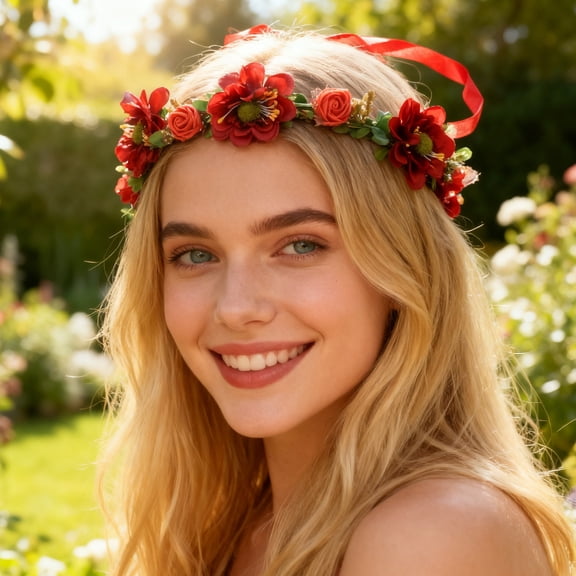 EWASWON Floral Headband for Women, Artificial Flower Hair Wreath with Leaves & Ribbon for Bridesmaid, Easter, Wedding, Boho Festival, Photoshoot Hair Accessory