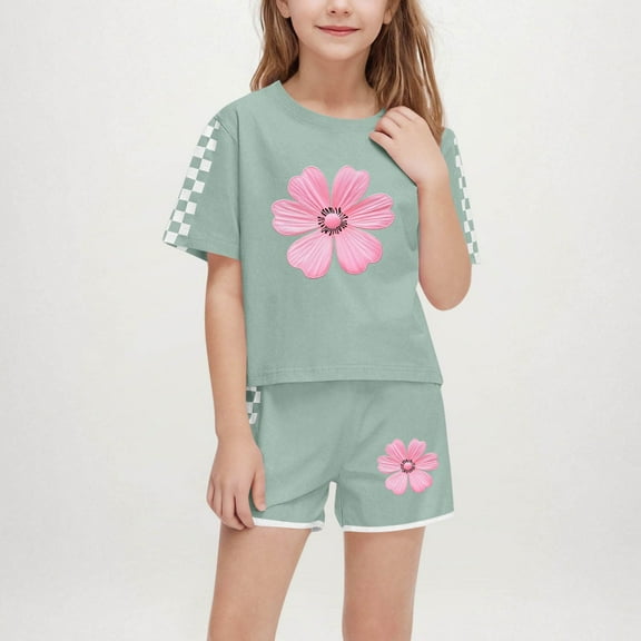 EWASWON Girls Floral & Checkered Sleeve Outfit Set - Summer Two-Piece Shorts & Top, Breathable Casual Wear for Ages 5-14, Army Green