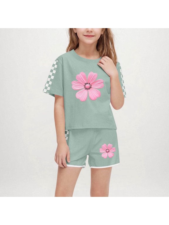 Girls Floral & Checkered Sleeve Outfit Set - Summer Two-Piece Shorts & Top, Breathable Casual Wear for Ages 5-14, Army Green