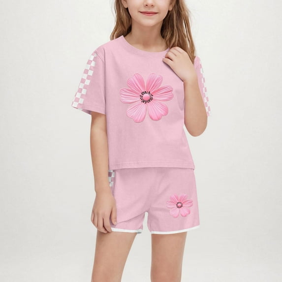 EWASWON Girls Floral & Checkered Sleeve Outfit Set - Summer Two-Piece Shorts & Top, Breathable Casual Wear for Ages 5-14, Pink