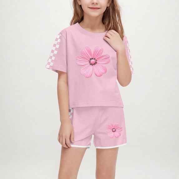 Girls Floral & Checkered Sleeve Outfit Set - Summer Two-Piece Shorts & Top, Breathable Casual Wear for Ages 5-14, Pink