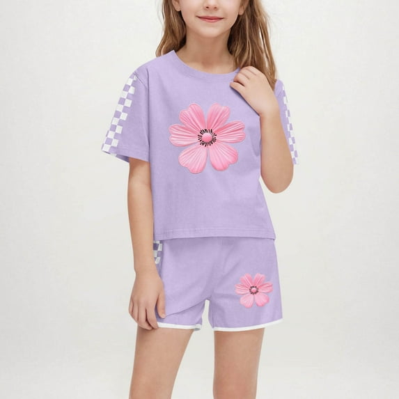 EWASWON Girls Floral & Checkered Sleeve Outfit Set - Summer Two-Piece Shorts & Top, Breathable Casual Wear for Ages 5-14, Purple