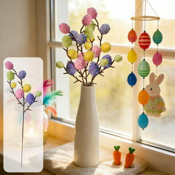 EWASWON Glitter Easter Egg Branch Pick - Colorful Tinsel-Wrapped Artificial Spring Stem for Vase Decor, Table Centerpiece, Easter & Home Decoration, 13.4 Inches