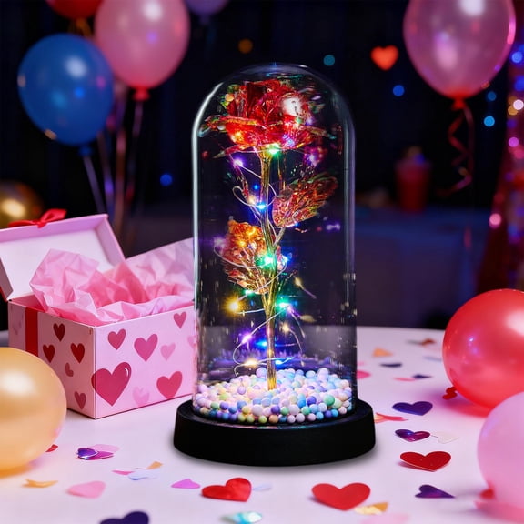 EWASWON Gold Leaf Rose in Glass Dome with LED Lights, Artificial Rose Ornament Stable Base, Romantic Gift for Valentine's Day - Red