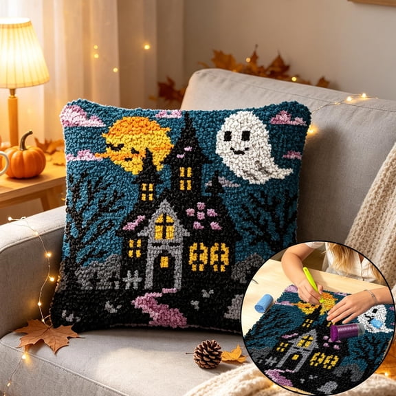 EWASWON Halloween Cross Stitch Kit, Stamped Embroidery Pillow Cover DIY Set with Pre-Printed Canvas & Yarn, Beginner Friendly Spooky Season Throw Cushion Craft 17x17 in