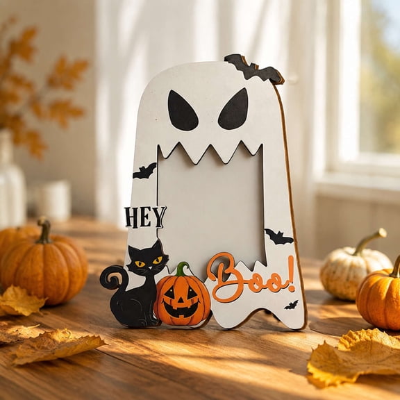 EWASWON Halloween Freestanding Wooden Photo Frame, Pumpkin Black Cat Ghost Design Tabletop Picture Frame for Fall Home Party Decor Gift